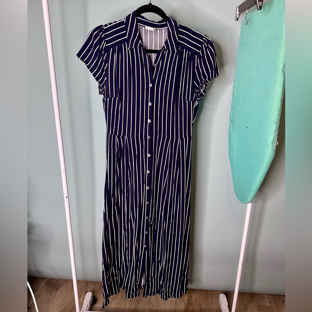 J. Crew Navy White Vertical Stripe Midi Shirt Dress Short Puff Sleeve S